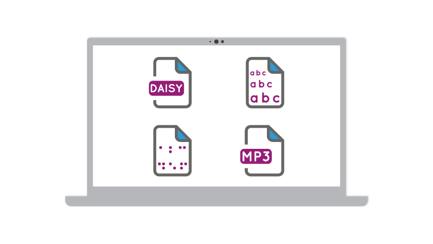 Graphic showing a laptop with icons on screen to indicate large print, braille, Daisy and MP3 formats.